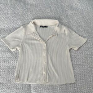 Abercrombie & Fitch Cropped Ribbed Ivory Button-Down Shirt